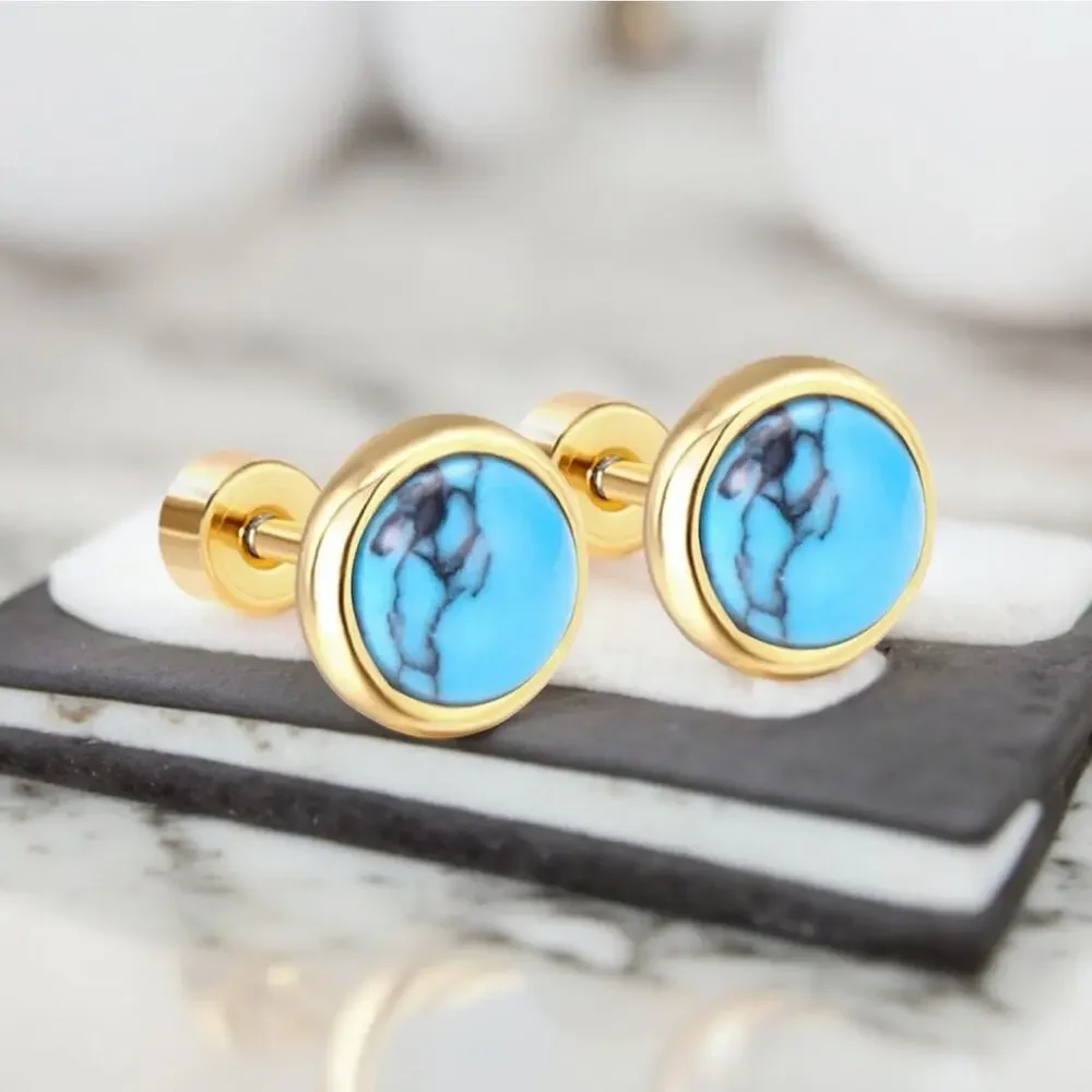 NEW 14K yellow gold plated turquoise stud earrings jewelry B28A - Picture 6 of 6